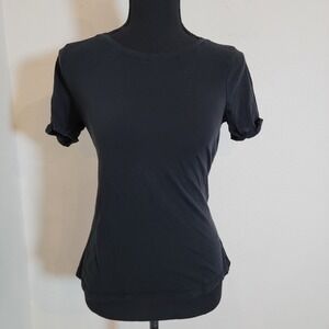 Anthropologie Black Tie Waist Shirt Women XS Cotton Short Sleeve Basic Crewneck